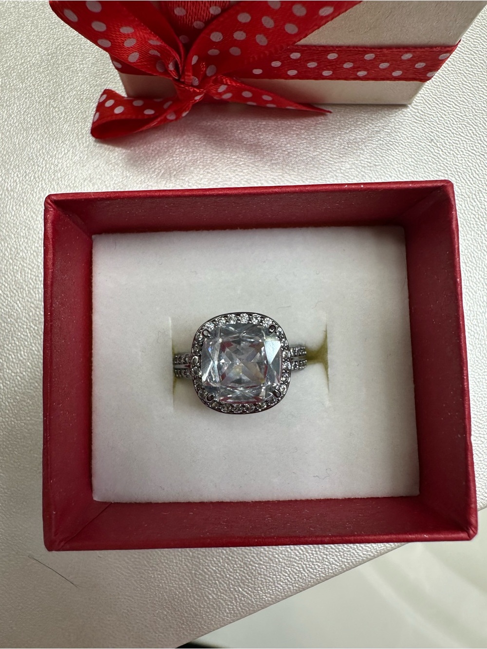 NWOT Silver-Tone Cushion-Cut Clear Stone Halo Ring BP